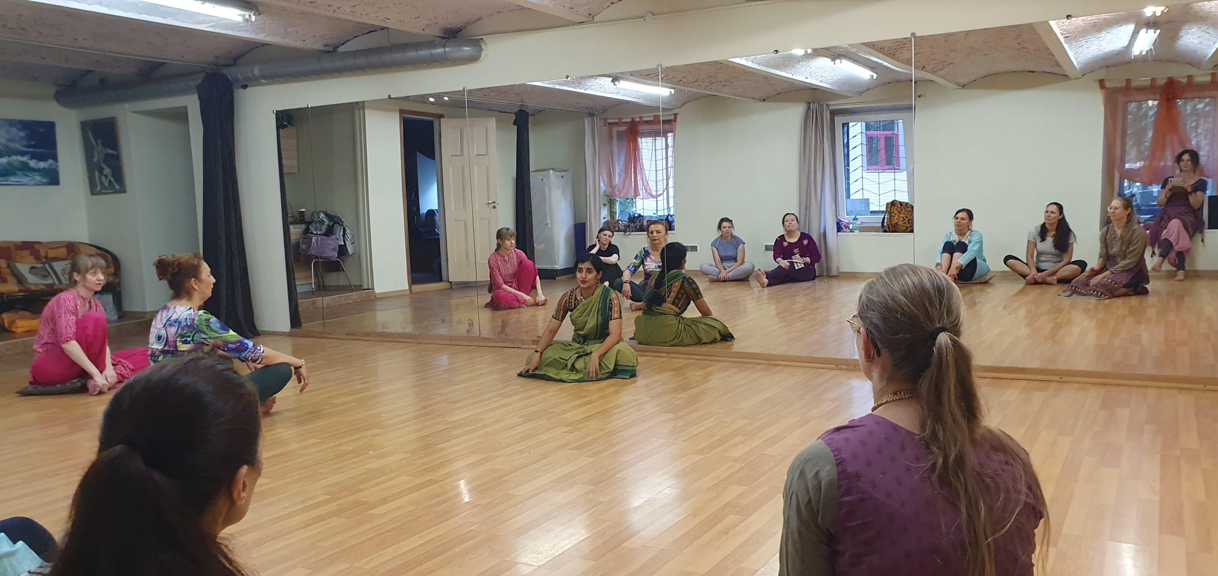 Prathiba teaching Bharatanatyam in a Latvia workshop studio